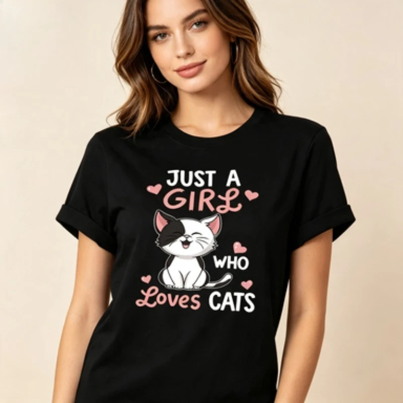Women Cotton Basic T Shirt Cute Kitten Heart Graphic Tops, Just  Tees Trendy Animal Lover Fashion Daily Wear For Women
