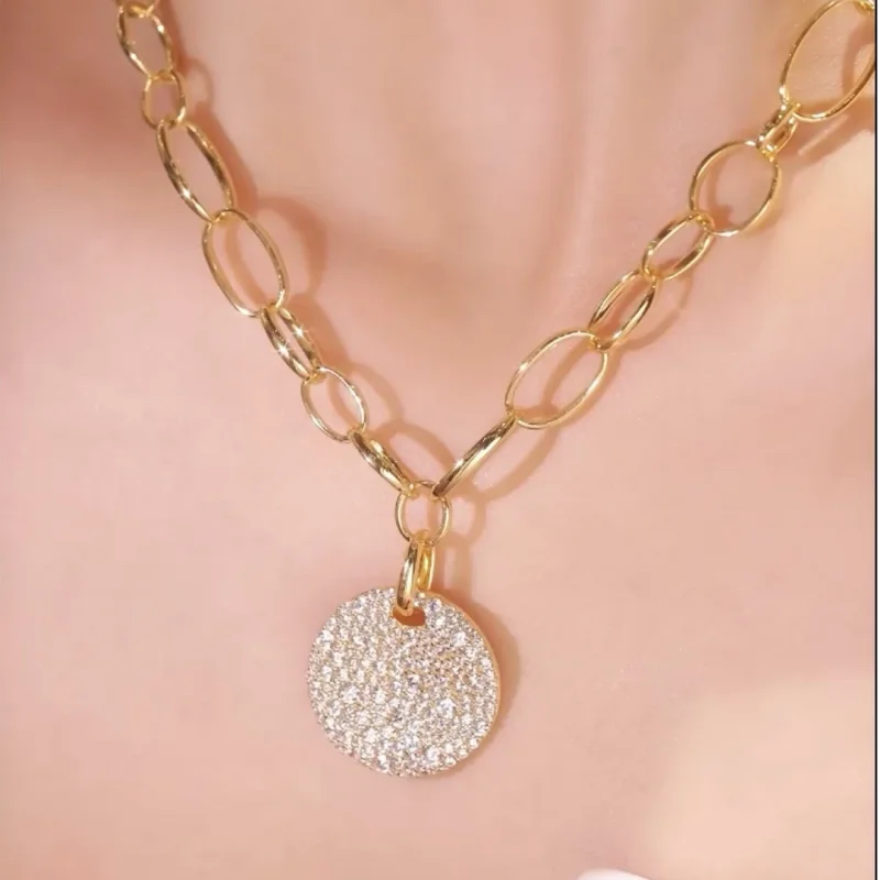 Cameo Pendant Chain 925 Silver Synthetic Zircon White Full Diamond Round Link Chain Buckle Fashion Yellow K Gold Color Necklace