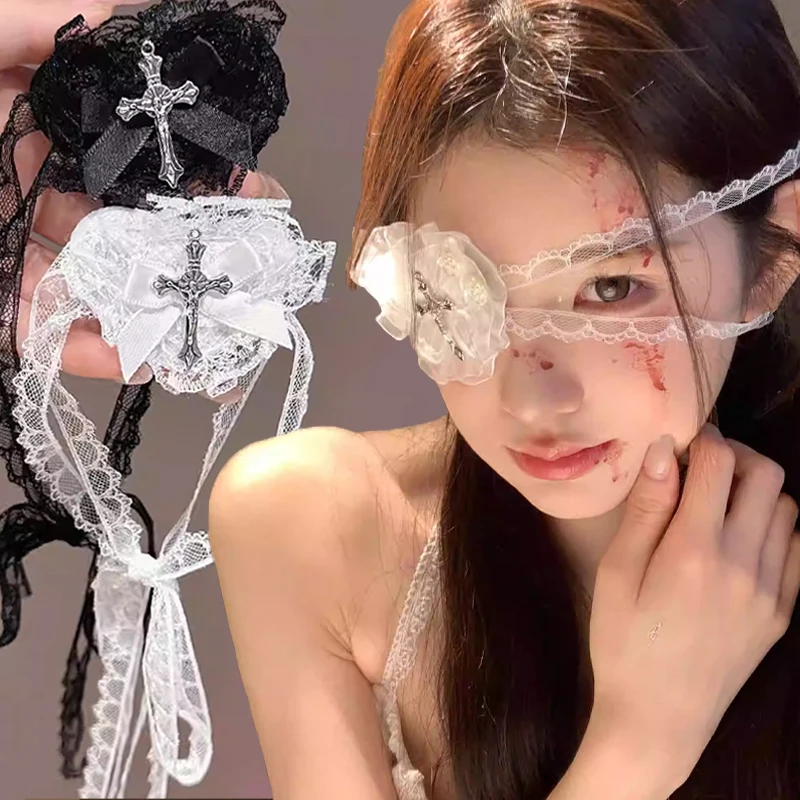 Black White Cross Eye Mask Women Lolita Heart Bowknot Lace Necklace Eye Patch Gothic Vibe Eyewear Punk Cosplay Party Accessories