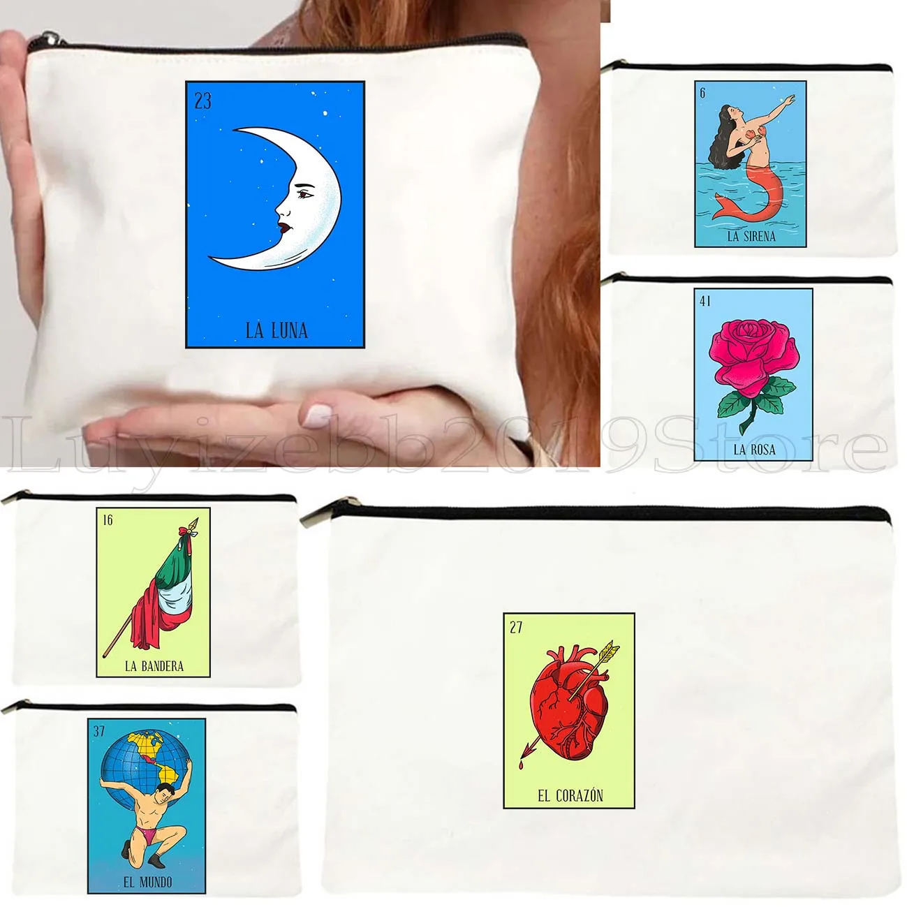El Catrin Muertos Tarot Nopal ESTRELLA SIRENA Luna ROSA LOTTERY MEXICAN Bingo tarjeta lona bolsa de maquillaje cosmético estuche para lápices