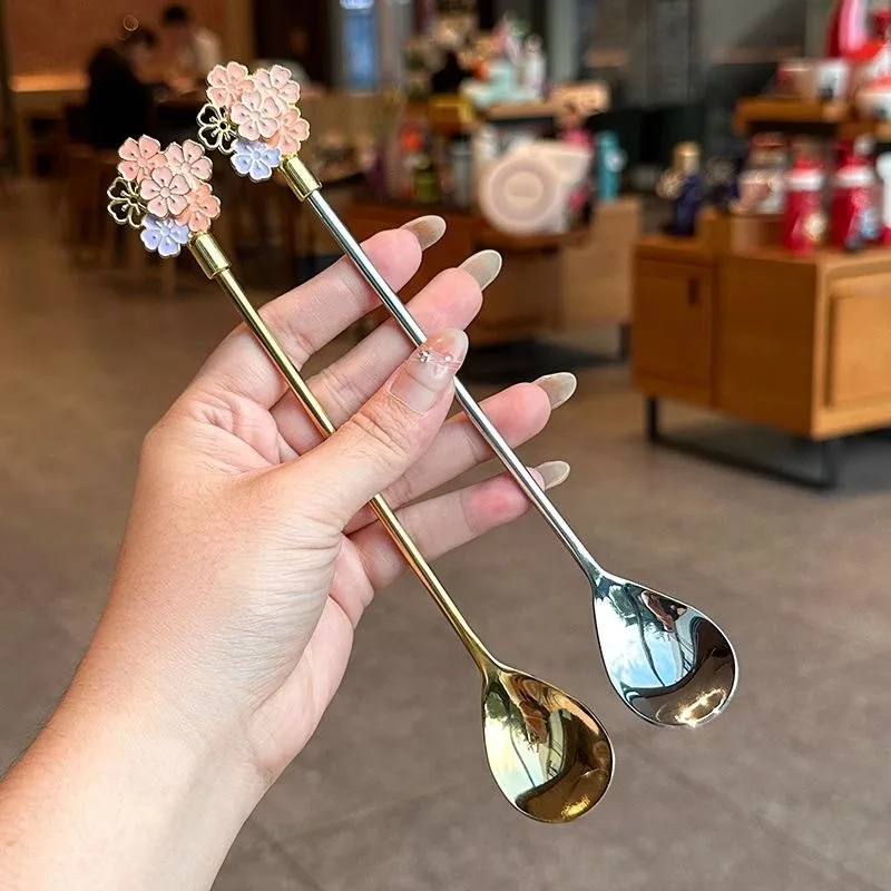 Hot 1Pc Stainless Steel Cherry Blossom Spoon Fork Coffee Spoon Kitchen Star Long Handle Stirring Spoons Kitchen Coffee Tableware