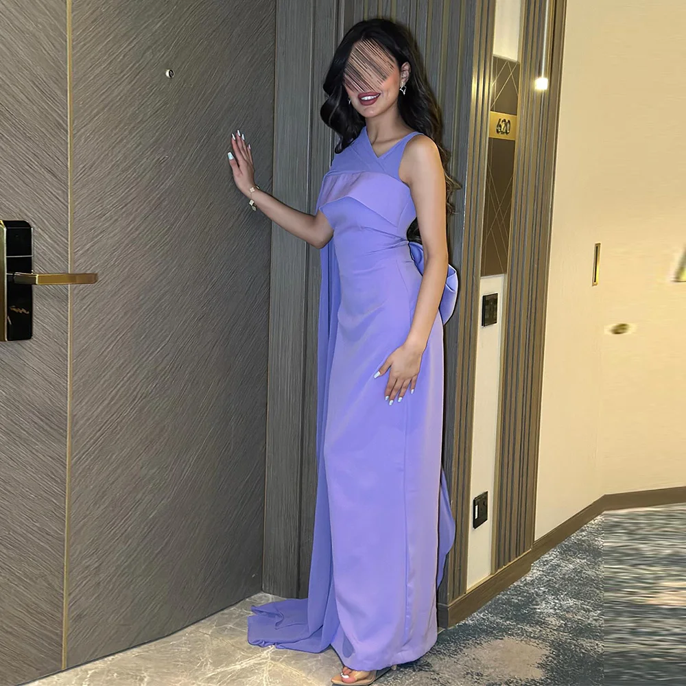 

Customized Purple Satin Celebrity Gown Elegant O-Neck Sleeveless Wedding Dress Delicate Straight Backless Bow Homecoming Dresses