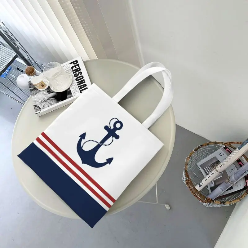 Custom Cute Print Nautical Navy Blue Anchor With Stripes Tote Shopping Bags Canvas Shoulder Shopper Sailing Sailor Handbag