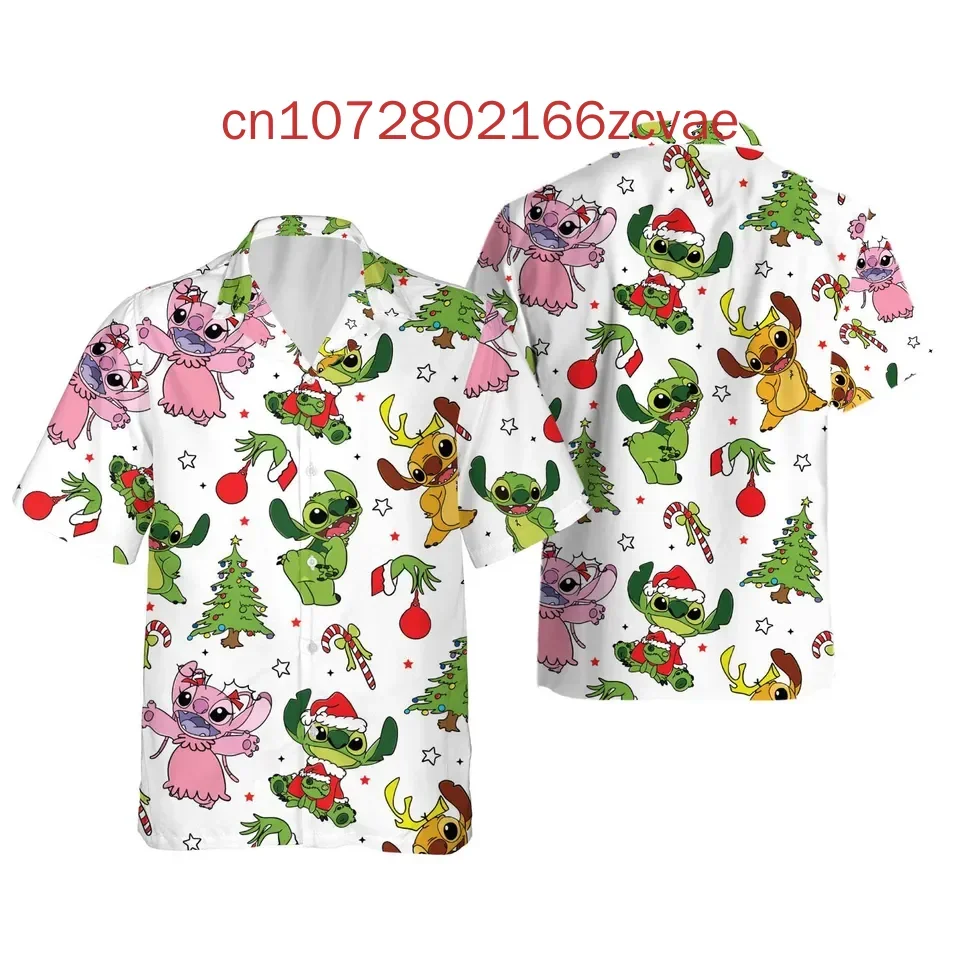 2024 New Christmas Disney Stitch Hawaiian Shirt Men's women's children's casual fashion retro short sleeved button up shirt