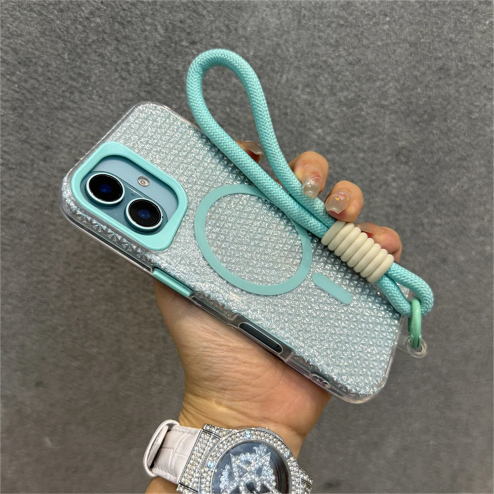 Wrist Strap Lanyard Bling Glitter Magnetic For Magsafe Phone Case For iPhone 11 12 13 14 15 16 Pro Max Plus Colorful Hard Cover