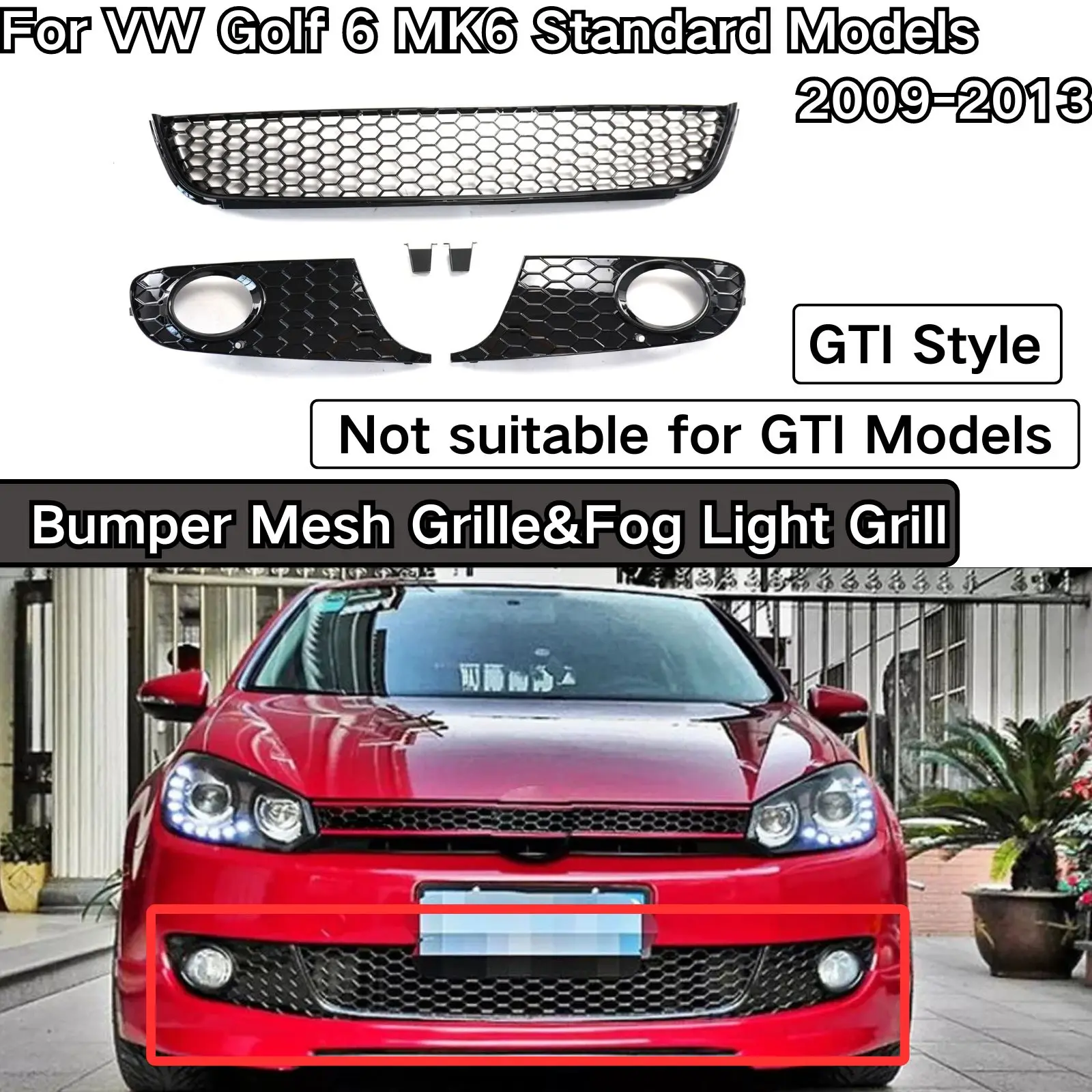 

For VW Golf 6 MK6 Standard Models 2009 2010 2011-2013 GTI Style Grille Fog Light Front Lower Bumper Mesh Grill Car Accessories