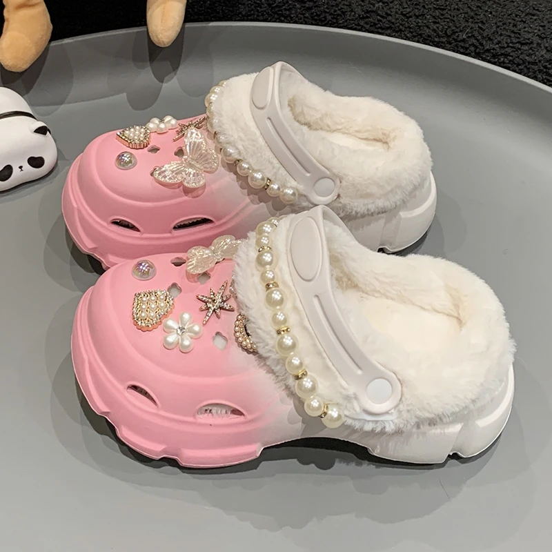 Pantoufles d'Hiver en Peluche avec Trous pour Fille, Chaussures Optiques à Talons Hauts, Semelle Souple, pour la Plage et le Jardin, pour la Maison, Nouvelle Collection