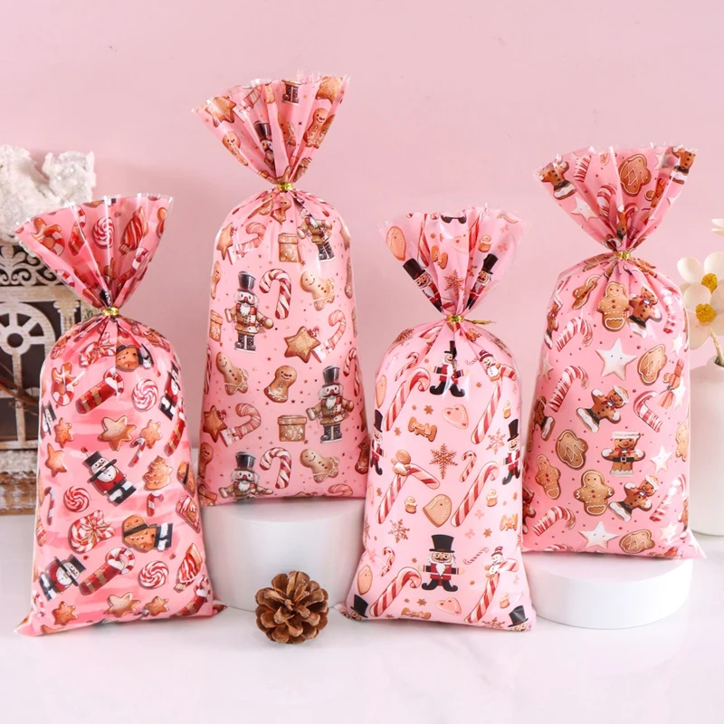 25/50/100 Stück rosa Weihnachts-Süßigkeitstüten, Lebkuchen-Kekse, Weihnachtsdekorationen, 2025, Navidad, Geschenke, Neujahrs-Verpackungsbeutel