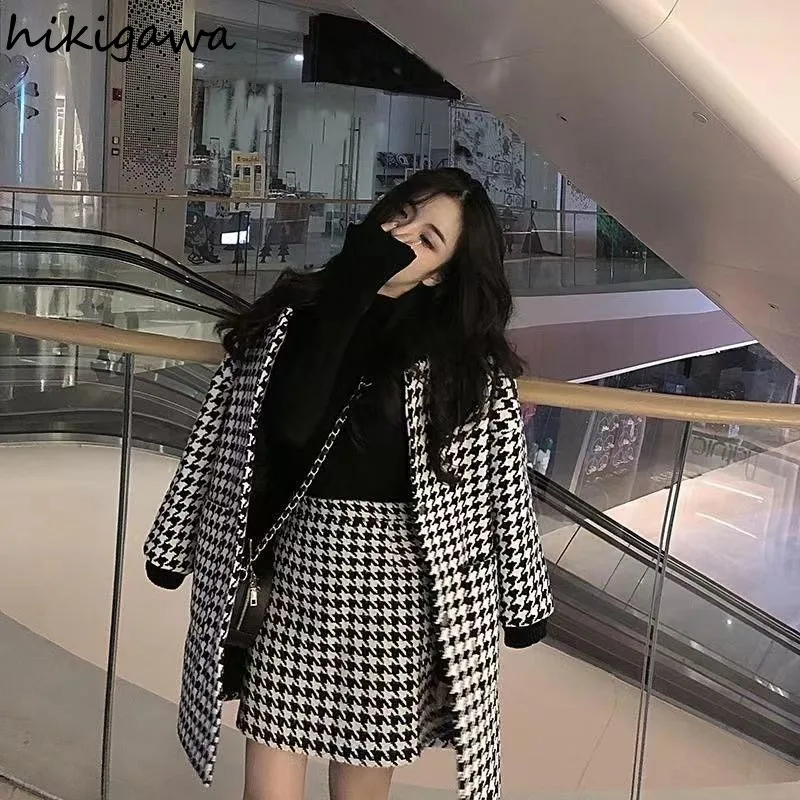 Two Piece Sets Womens Outifits Temperament Skirts Suit O-neck Oversized Jackets High Waist Bodycon Mini Skirt Plaid Vintage Set