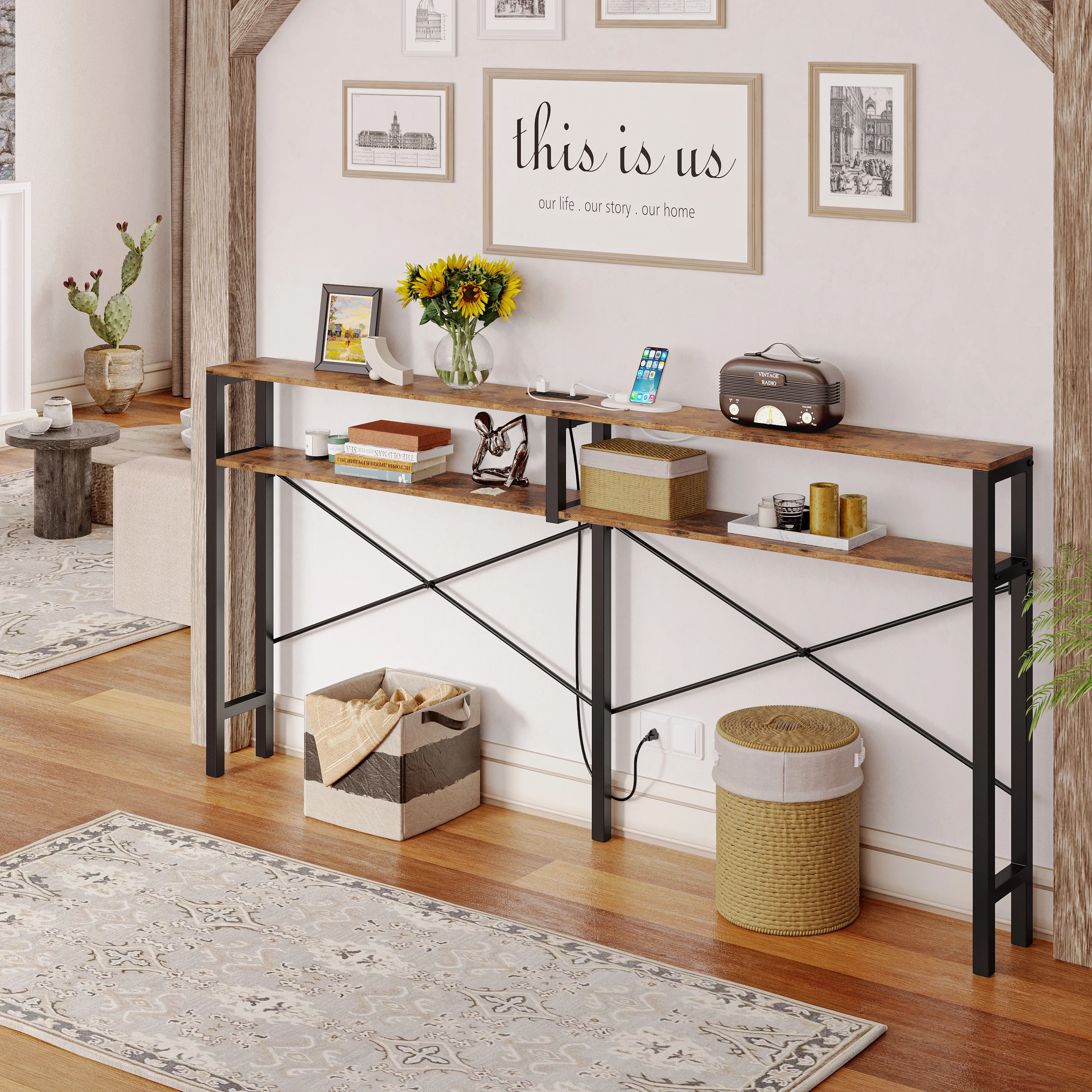 IRONCK Console Table with Power Outlet, Long Sofa Table with Shelves and X-Shaped Design