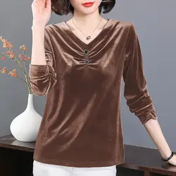 Three Colors V-Neck Fold Golden Velvet Base Coat Square Shape Metal Button Gorgeous T-Shirts Loose Straight Female Top Tee Thin