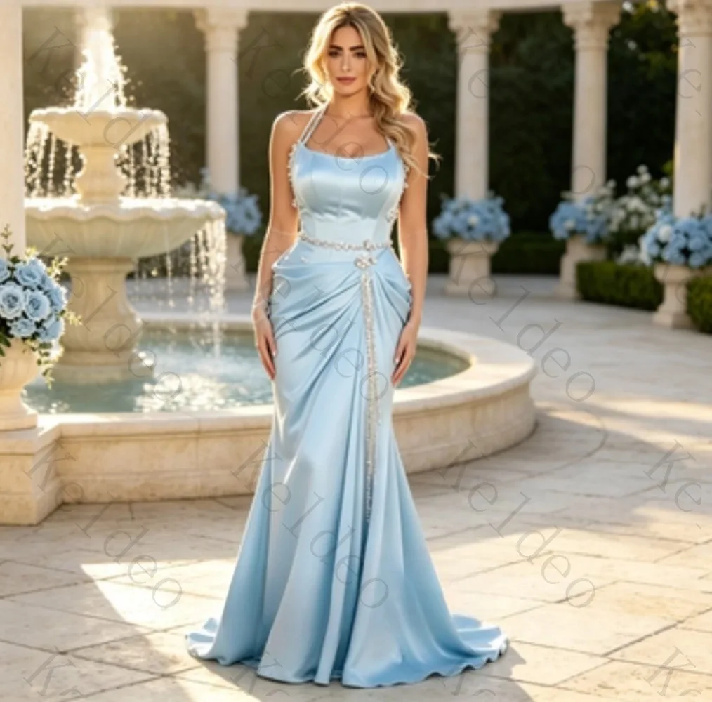 Customized Light Blue Satin Mermaid Evening Dress Halter Neck Beaded Straps Ruched Waist Crystal Tassel Chain Detail Formal Gown