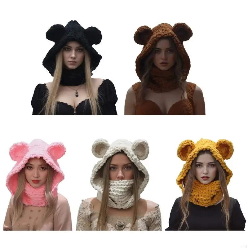 

B95F Bear Ear Winter Scarf Hat Soft Acrylic Facecover Hat for Outdoor Activity Gear