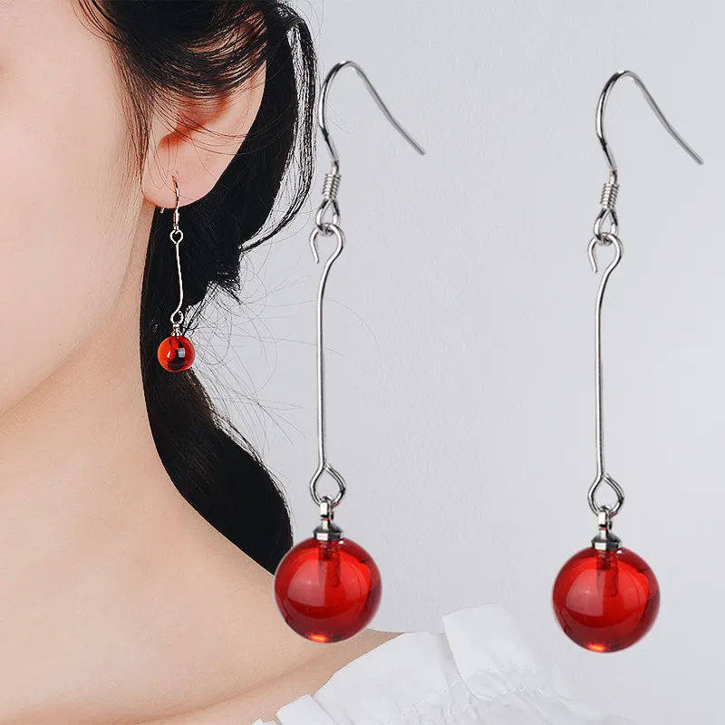 925 Sterling Silver Original Long Drop Earrings with Red Agate Minimalist Retro Elegant Fashion Ear Jewelry for Women