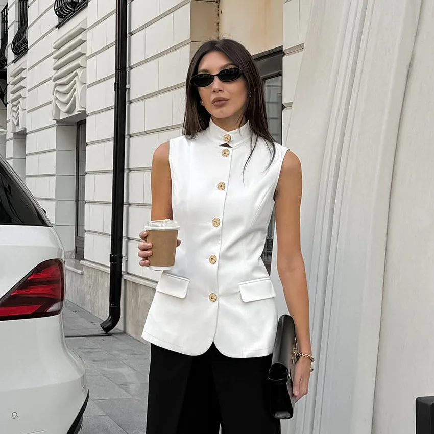 2025, veelzijdige mode-temperament mouwloze vesttop voor lente en zomer, wit casual overhemd met kleine opstaande kraag en woon-werkverkeer