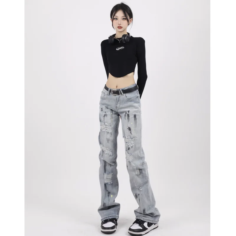 Blue Jeans Women Graffiti High Waist American Wide Leg Pants Fashion Y2K Style Baggy Vintage Female NEW Autumn Straight Trouser