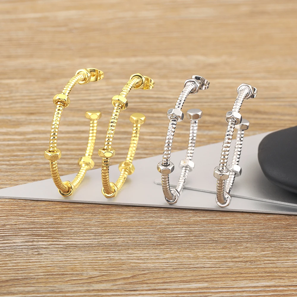 

Nidin New Arrival Punk Style Screw Nut Small Angle Circle Overlapping Shaped Gold/Silver Color Ear Jewelry Earrings Party Gift