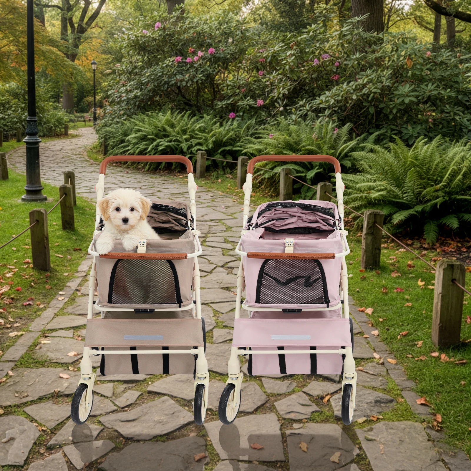 Foldable Pet Cart, Double Layer Dog Stroller, Carbon Steel Pet Wagon with Wheels, 15kg Capacity, Adjustable Handle, for Small Pets
