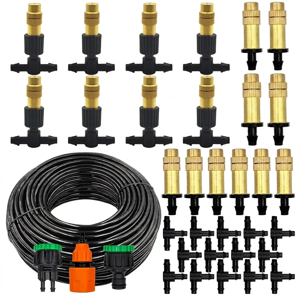 5M to 30M Garden Brass Misting Nozzle Kit with 1/4 Inch 4/7mm Hose for Outdoor Cooling and Irrigation System in Greenhouse Plant