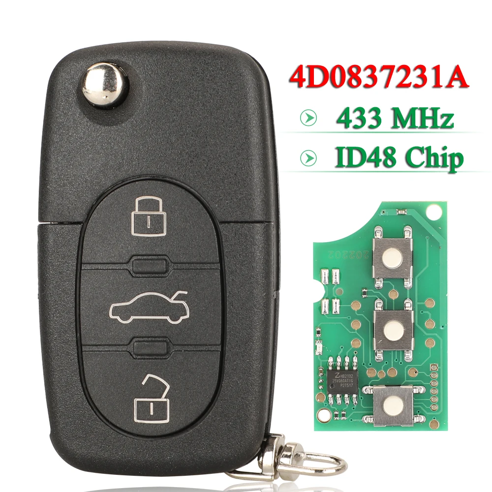 jingyuqin 4D0837231A Flip Remote Car Key 433Mhz ID48 Chip For AUDI A3 A4 A6 A8 RS4 TT Allroad Quttro 1994 - 2004 FOB 3 Buttons