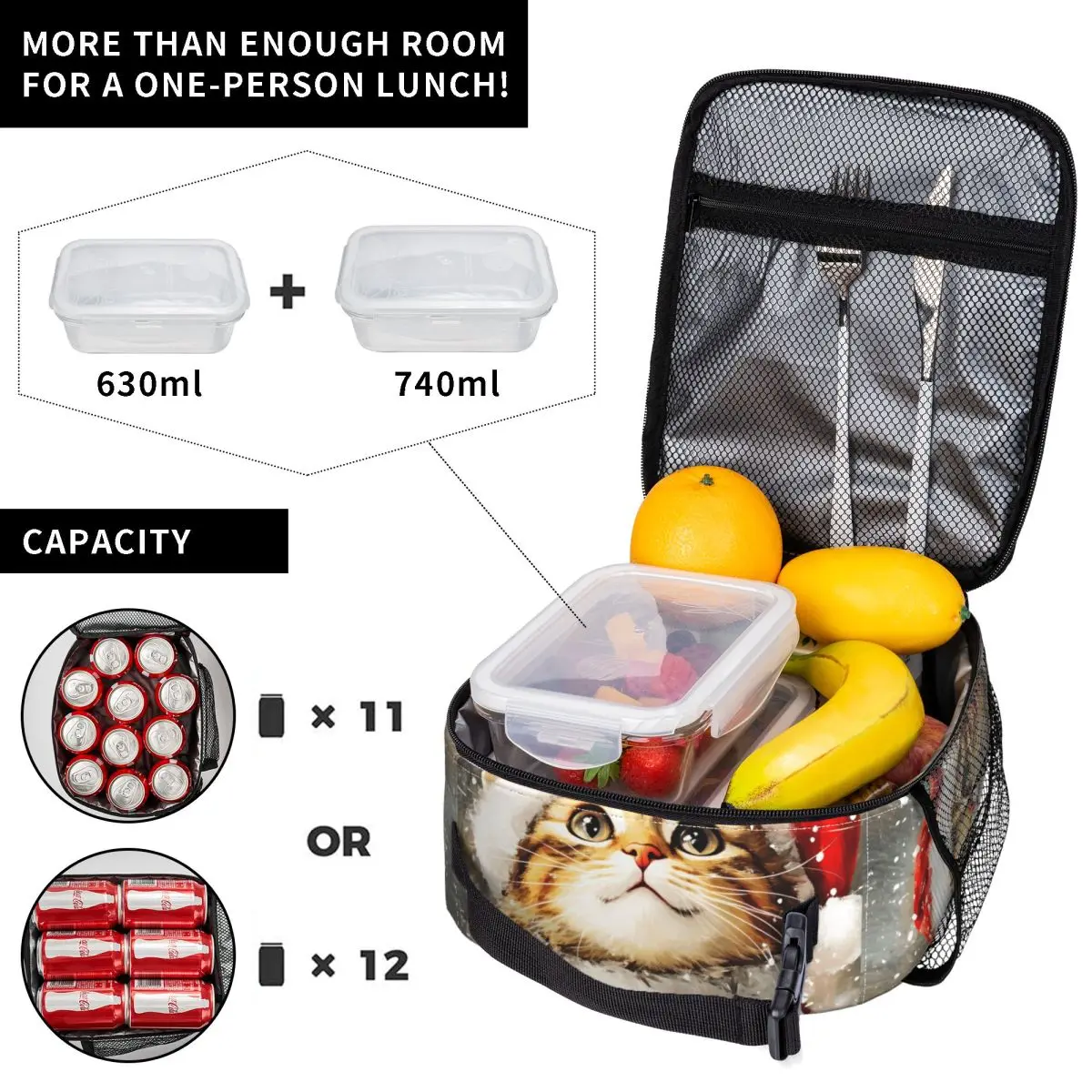 Christmas Cats Adorable Kittens In Festive Lunch Bag Outdoor Picnic Lunch Box For Girls Graphic Tote Food Bags Zipper Cooler Bag
