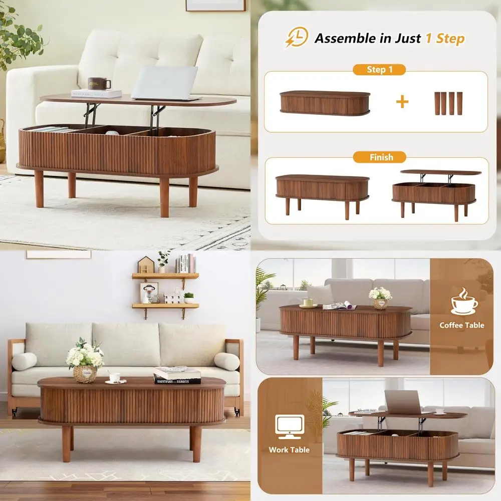 

Fluted Lift Top Coffee Table with Hidden Compartment, Fully Assembled Wooden Center Table, Modern Oval Lift Tabletop for Home Li