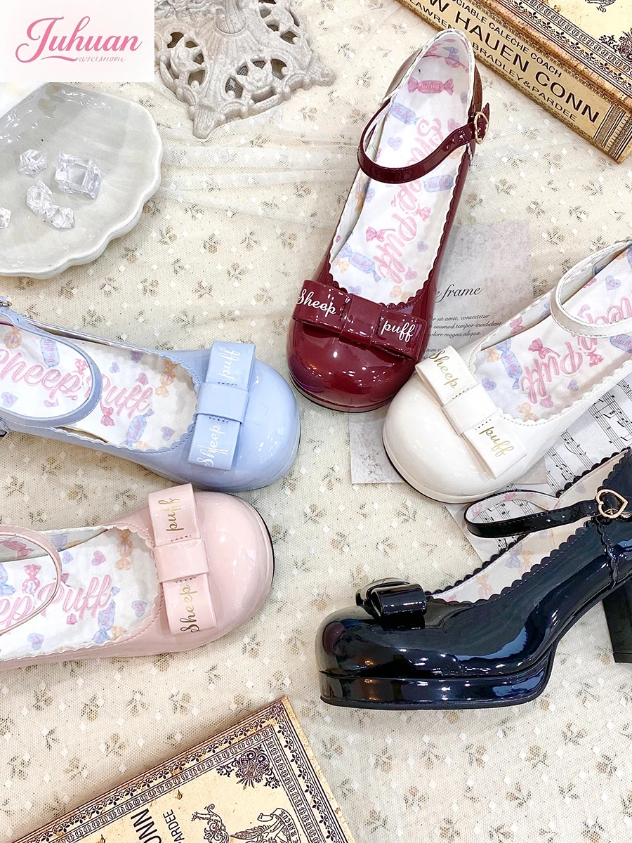 

Японские оригинальные туфли в стиле Лолиты с элегантным бантом и круглым носком на высоком каблуке, мягкие женские туфли Мэри Джейн из лакированной кожи для девочек