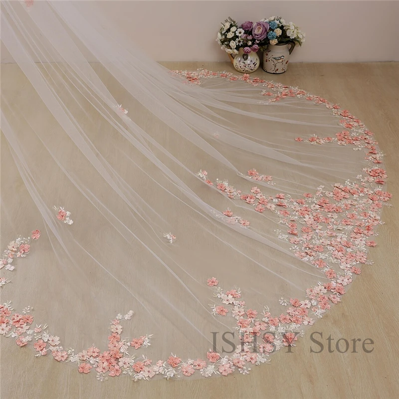 

Темно-розовая свадебная фата с цветочным принтом 3D и расческой, однослойная, длинные королевские аксессуары для собора для невест, расшитая бисером жемчугом