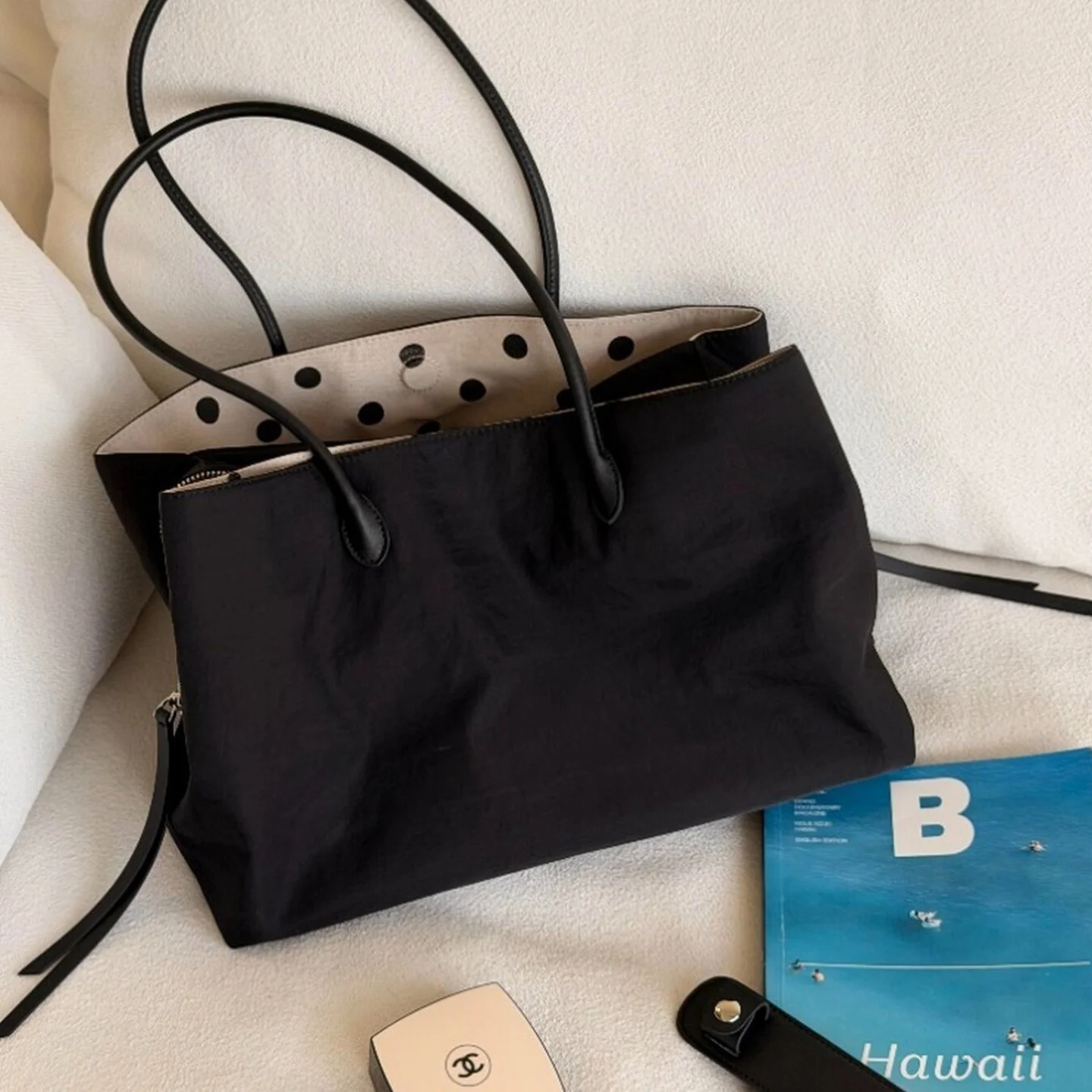Large Capacity Black Nylon Tote Storage Bag Polka Dot Lining Multi Pockets Lightweight Office Work Travel Daily Shoulder Handbag