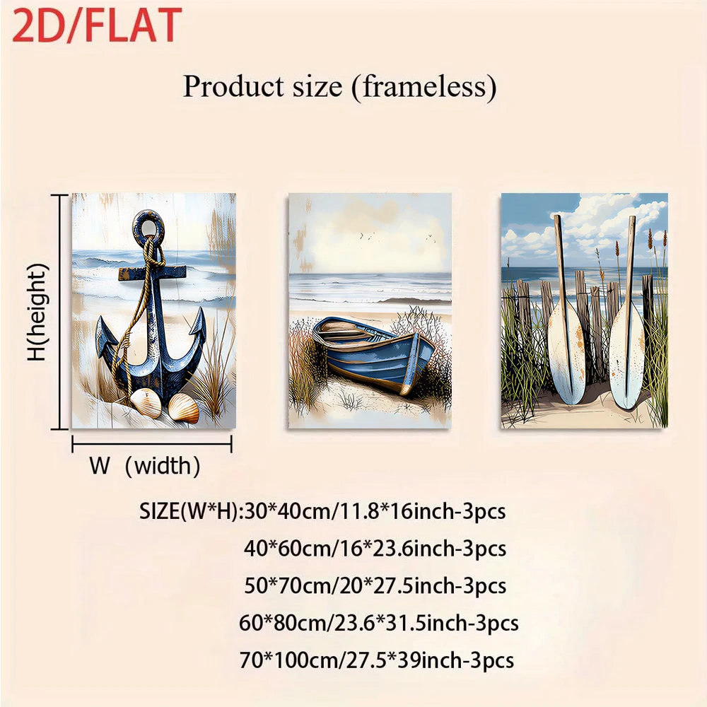 (3PCS Unframe)1 set of three frameless modern minimalist wall paintings featuring ocean scenery, anchors, oars, and seashells (2