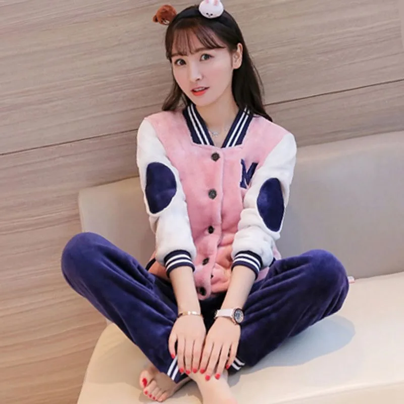 2023 New Winter Pajama Female Korean Version Loungewear Coral Velvet Padded Warm Flannel Homewear Loose Two-piece Sleepwear Suit