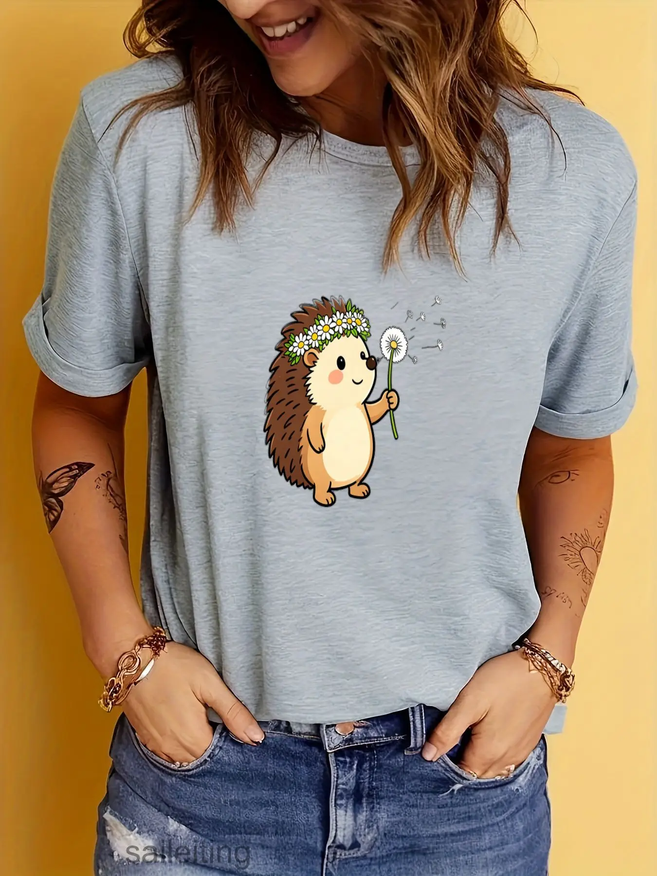 Cute Hedgehog Cartoon T-Shirt Women Men - Soft Casual Short Sleeve Tee with Dandelion and Music Notes, Funny Summer Breathabl