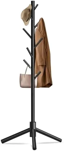 

Durable Wooden Coat Rack with 8 Hooks, 3 Height Settings, Triangular Base – Black
