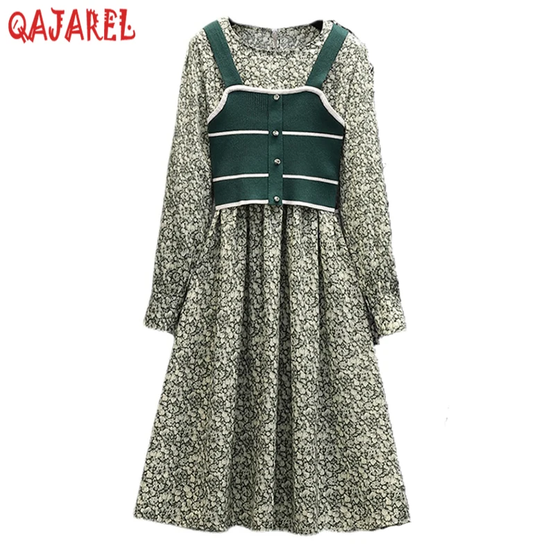 Conjunto de dos piezas para mujer, vestido de gasa de manga larga y camisola negra con estampado Floral, elegante e informal, a la moda, novedad de otoño, 2024