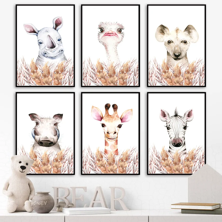 

Cartoon Giraffe Zebra Rhino Hippo Hound Nursery Wall Art Canvas Painting Nordic Posters And Print Decor Picture Baby Kids Room