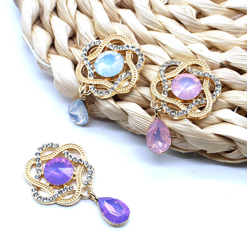 Fashion 29*47mm 10Pcs Flower Shaped Alloy Golden Shiny Rhinestone DIY Ladies Brooch Costume Decoration Decoration Accessories
