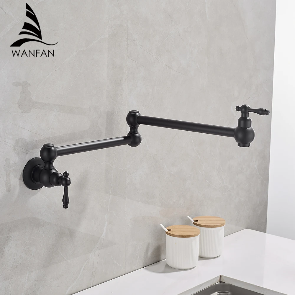 

Pot Filler Double Joint Spout Folding Stretchable Swing Arm Wall Black Kitchen Faucet Single Hole Two Handle Kitchen Sink Faucet