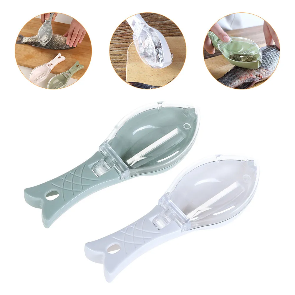 2Pcs Fish Scale Remover Fish Shape Design Beautiful Appearance Scales Containment Cover Ergonomic Handle Easy Clean Hanging Hole