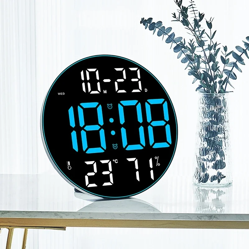 12 Inch Round Large Screen Big Digital Wall Clock LED Silent Time Week Date Temp Humidity Smart Electronic Clock Remote Control