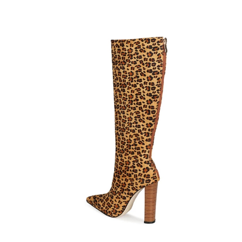 2024 Winter New Fashion Suede Leopard Print Knee Knight Boots for Women Europe and America Sexy High Heels Big Size Shoes 43 45