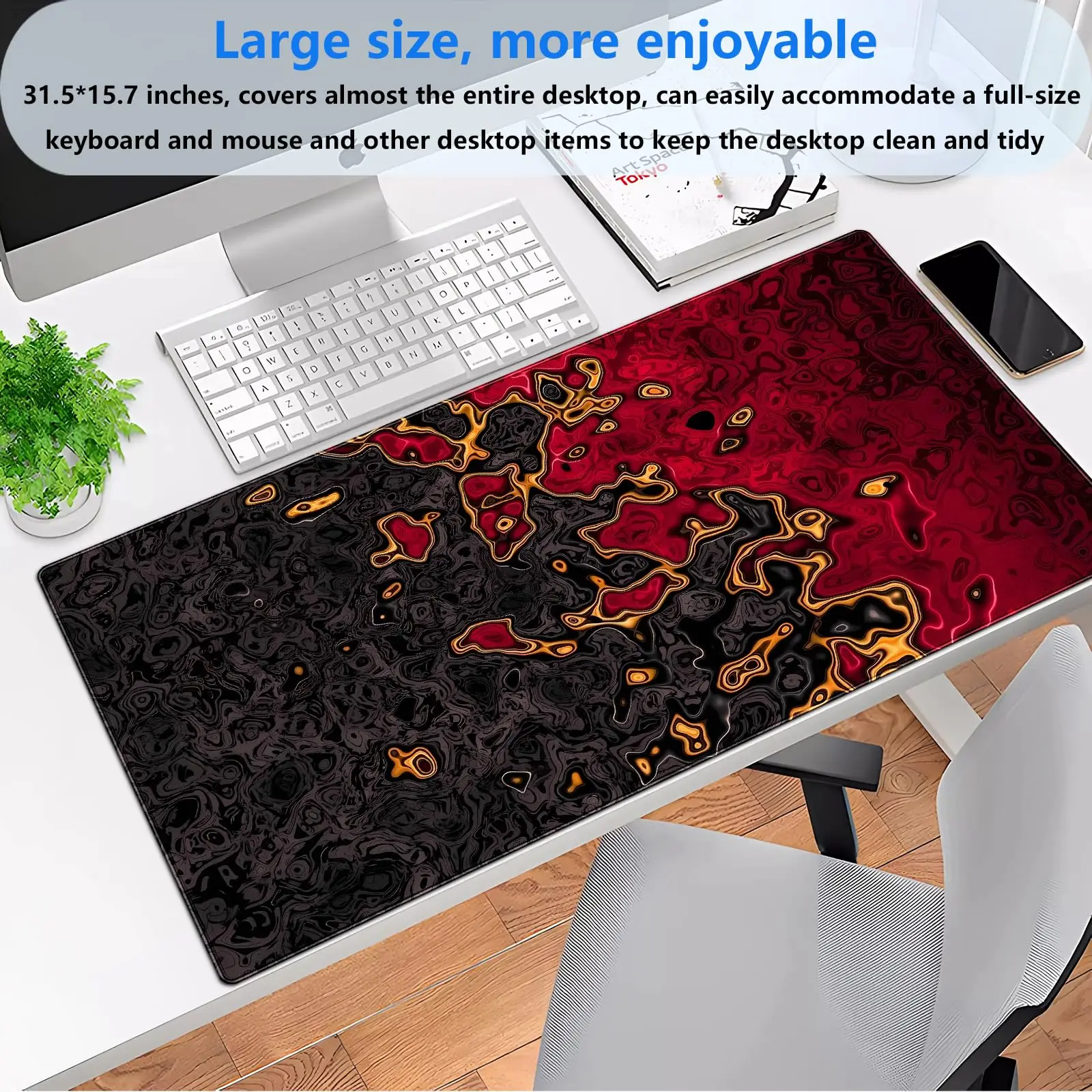 Red Black Extra Large Gaming Mouse Pad Fluid Art Desk Mat 35.4x15.7in XXL Non-Slip Natural Rubber Mousepad for Computer Office