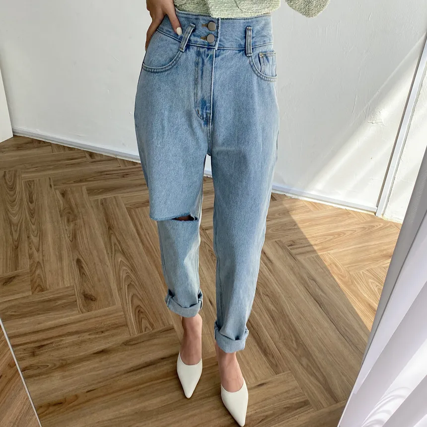 

Ripped Denim Jeans Women's Vintage High Waist Straight Leg Wide Leg Pants Nine Points Harlan Pants Loose Fit Spring