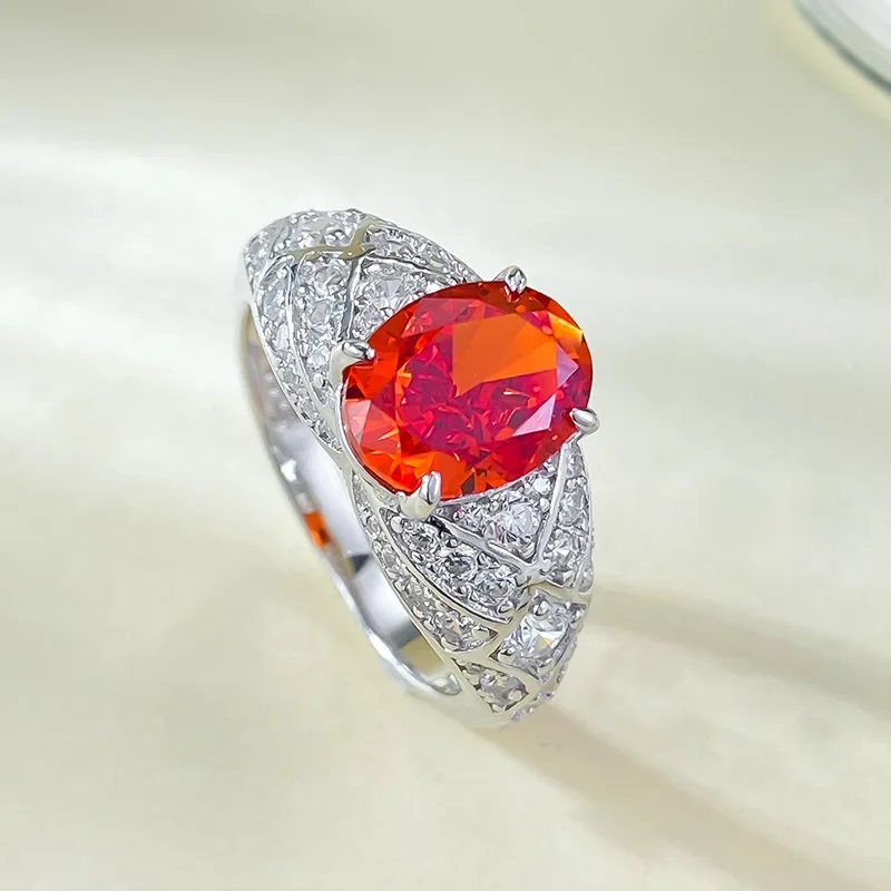 Anel de diamante de alto carbono para mulheres, prata S925, 7x9 oval, laranja sol simulado anel de diamante, joias versáteis