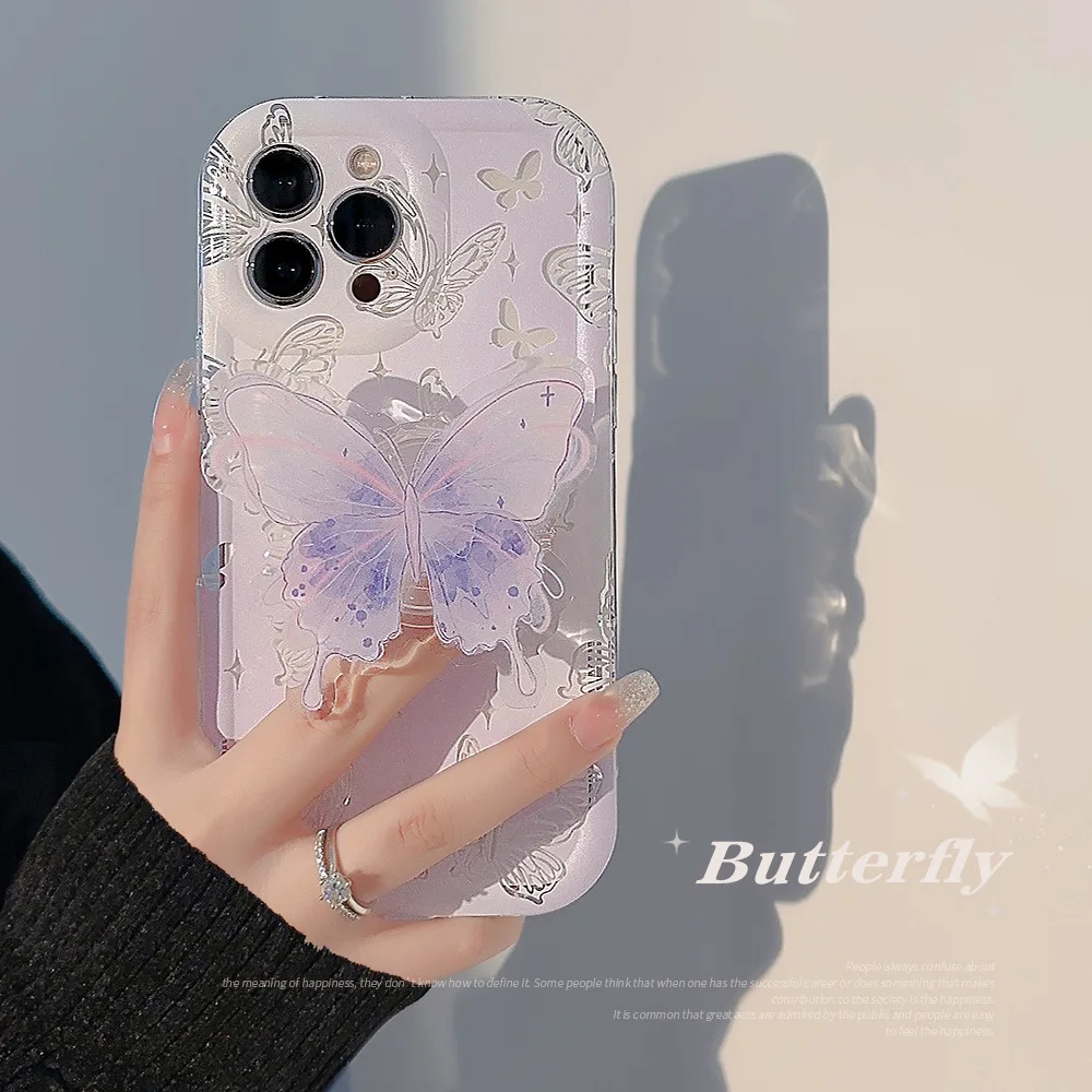 Koreanische Aquarell-Schmetterlings-Halter-Telefonhülle für iPhone 16, 14, 11, 13, 12, 15 Pro Max, klare, ausgehöhlte Anti-Fall-Schutzhülle
