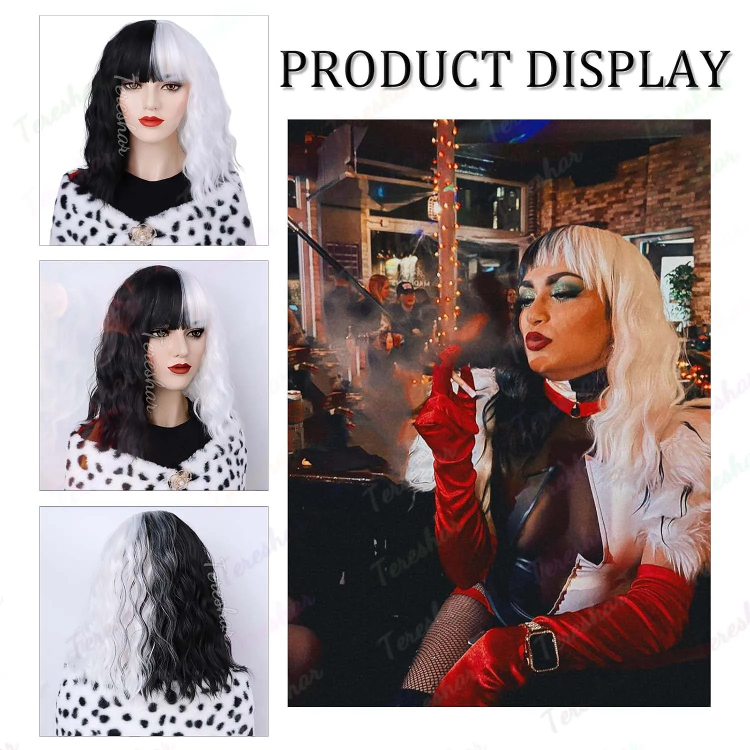 Synthetic Short Black and White Curly Wavy Wig with Dalmatian Shawl,Gloves,Necklace for Cosplay Halloween,Cruella Deville Wig