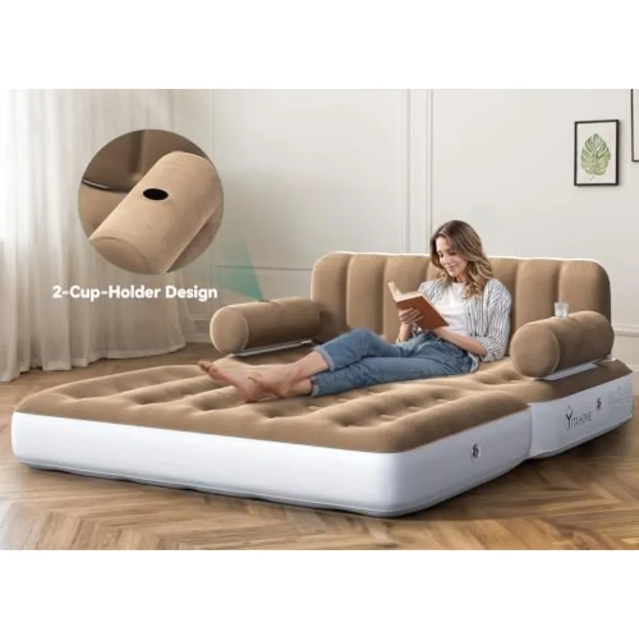 Queen Size Inflatable Sofa Bed with Headboard and Pump, Convertible Blow Up Couch, 2-in-1 Brown Air Sofa Bed for Home, Camping,