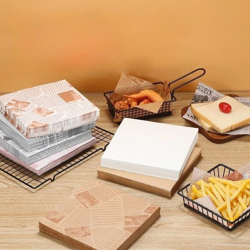 

100PCS Square Disposable Deli Wax Paper Sheets for Food Basket Liners Old Newspaper Style Mat for Wrapping Breads Burgers French