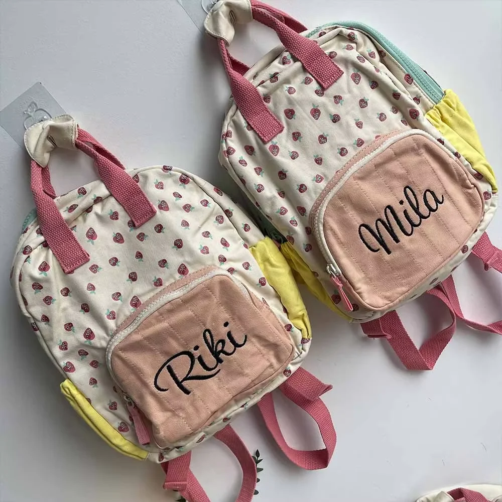 Personalized Name Kids Strawberry Backpack Custom Primary School Schoolbag Girls Outgoing Snackbag New Cotton Canvas Backpack