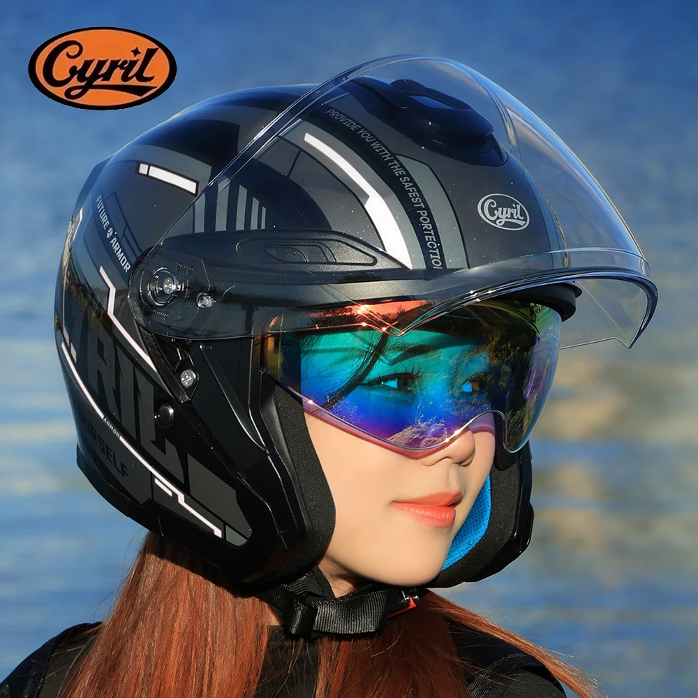Men Women Open Face Motorcycle Helmet Dual Visors Summer Men's 3/4 Jet Moto Helmet Women's Electric Scooter Helmet