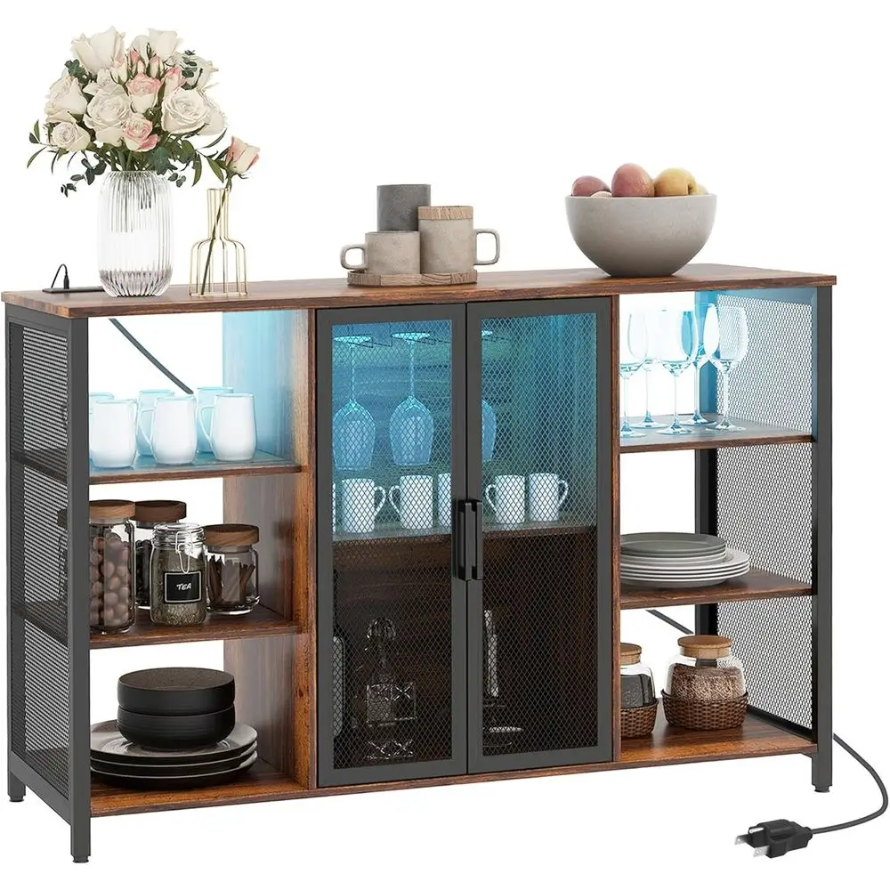 

47 Rustic Brown LED Wine Rack with Charging Port, Adjustable Shelves, Glass Holder for Home Bar & Dining Area